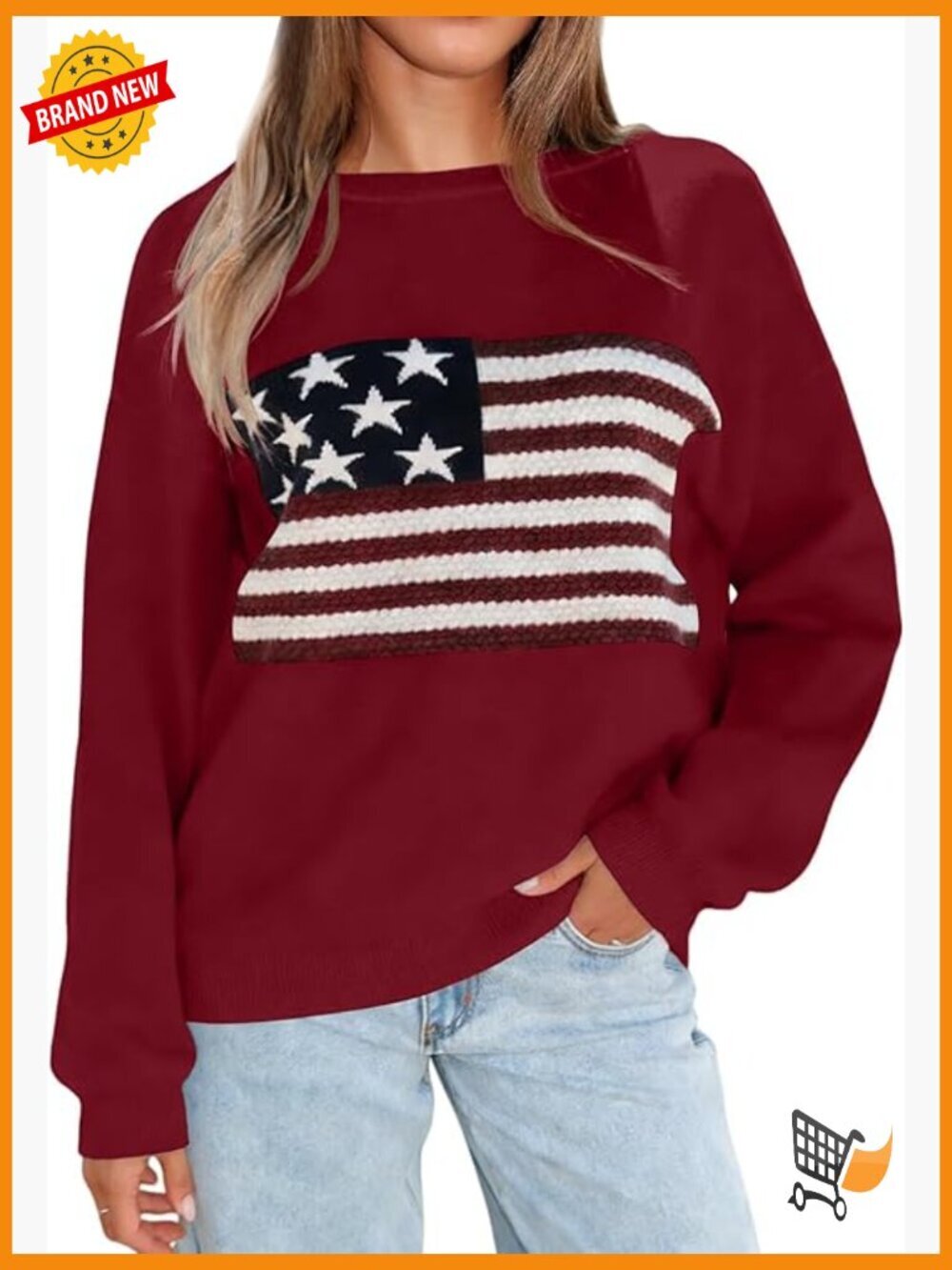 Women's Long Sleeve Pullover Sweater USA Flag Graphic Loose Fit Crewneck